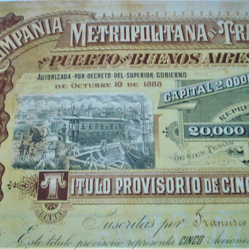 COMPANIA METROPOLITANA TRAMWAIS AR PUERTO DE BS AS 20000 ACIONES 1888