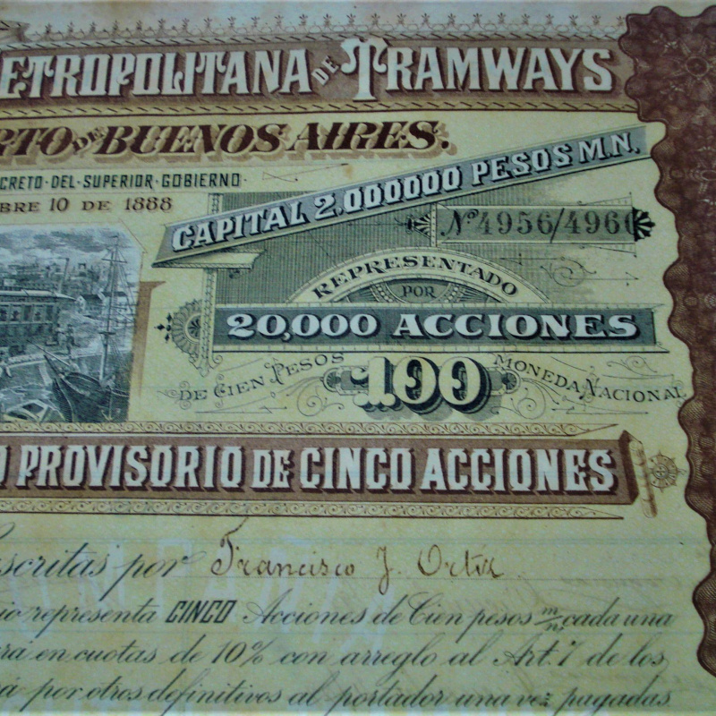 COMPANIA METROPOLITANA TRAMWAIS AR PUERTO DE BS AS 20000 ACIONES 1888