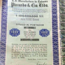 PICARDO & Cia.Ltda. 10 ACCIONES PREFERIDAS DE 100 PESOS 1956 CON CUPON