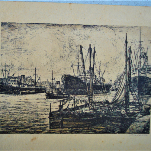 PUERTO LA BOCA  DE SCARZELLO  GRABADO SOBRE PAPEL EXCELENTE GRABADO ORIGINAL  BOCA DEL RIACHUELO. ARTISTA: SCARZELLO, GRABADOR ARGENTINO. MEDIDA:  16,5 CM X 13 CM. - OBRA 13 X 9.5 cm. ARTISTA: SCARZELLO, GRABADOR ARGENTINO.