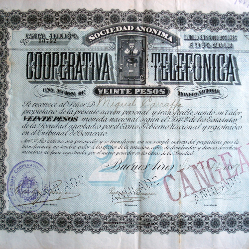 COOPERATIVA TELEFONICA 1889 UNA ACCION DE 20 PESOS MONEDA NACIONAL