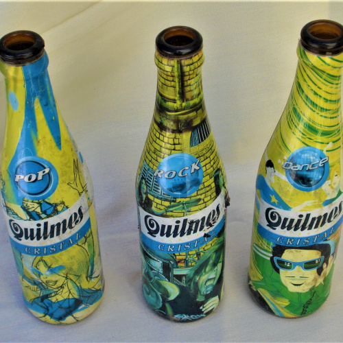 3 BOTELLAS QUILMES CRISTAL 330 CC VACIAS DONDE HAY MÚSICA POP DANCE ROCK