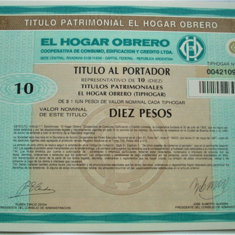 Titulo Bono Del Hogar Obrero 10 Pesos 1987