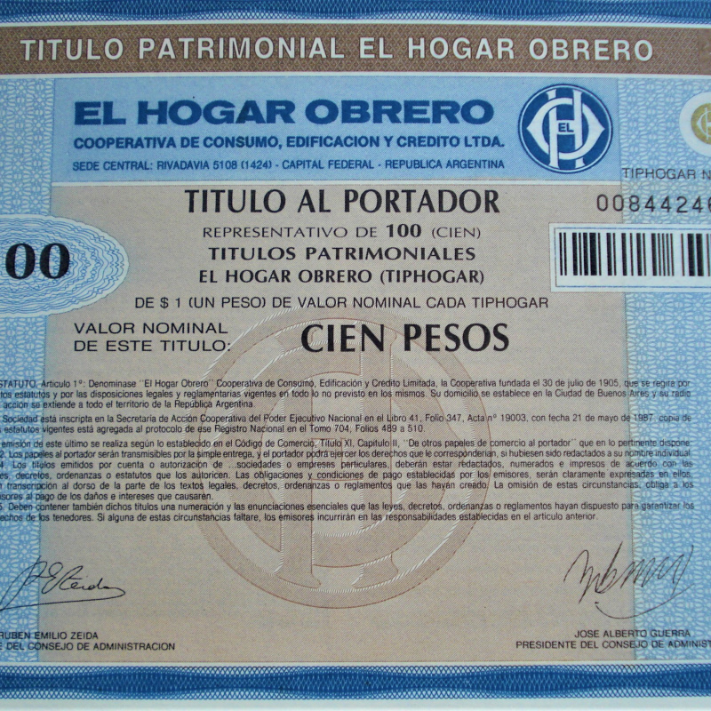 Titulo Bono Del Hogar Obrero 100 Pesos 1987