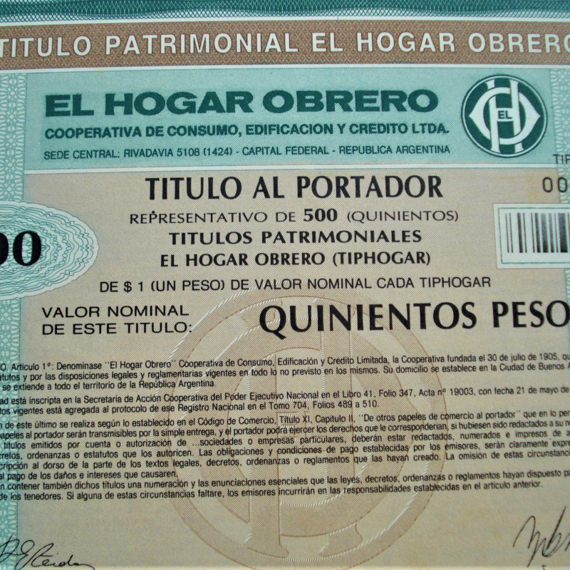 Titulo Bono Del Hogar Obrero 500 Pesos 1987