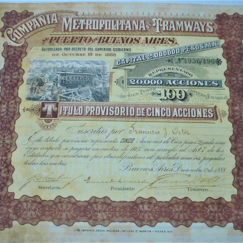 COMPANIA METROPOLITANA TRAMWAIS AR PUERTO DE BS AS 20000 ACIONES 1888