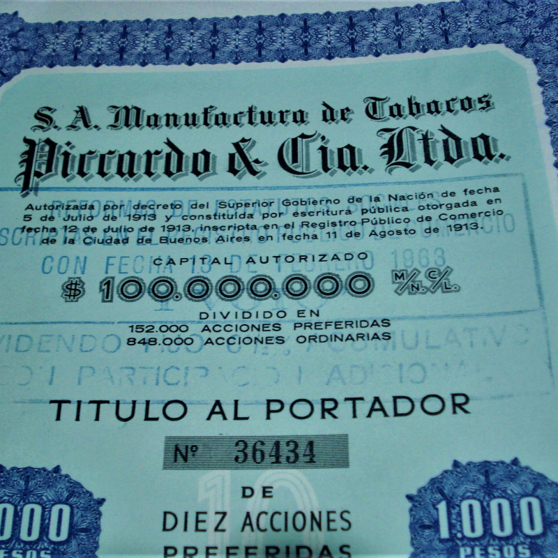 PICARDO & Cia.Ltda. 10 ACCIONES PREFERIDAS DE 1000 PESOS 1956 CON CUPONES