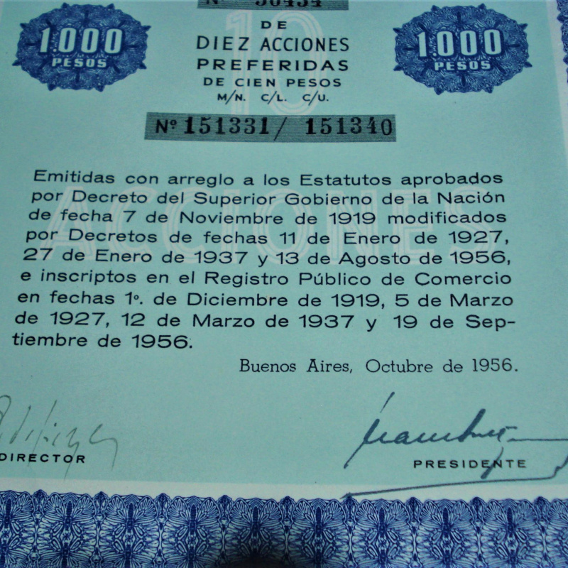 PICARDO & Cia.Ltda. 10 ACCIONES PREFERIDAS DE 1000 PESOS 1956 CON CUPONES