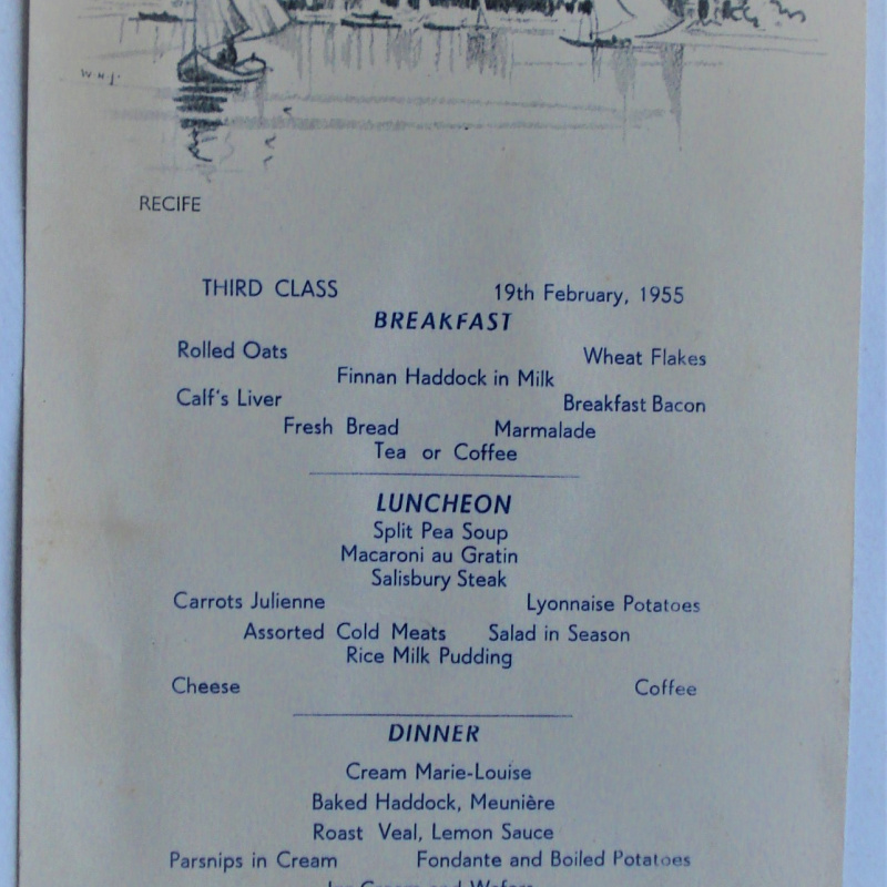 MENU DE LA ROYAL MAIL LINES FEBRERO DE 1955