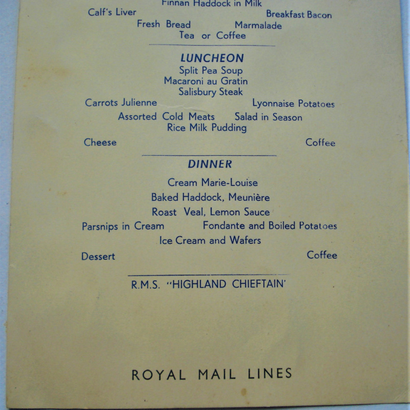 MENU DE LA ROYAL MAIL LINES FEBRERO DE 1955