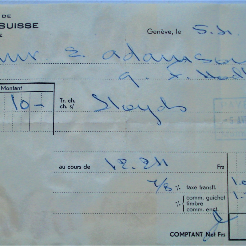 BANQUE SUISSE 1955 COMPROBANTE DE TRANSACCIÓN