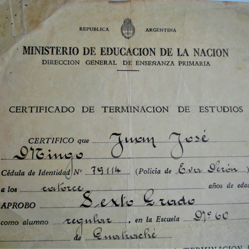 CERTIFICADO DE FISCALIZACIÓN DE ESTUDIOS DE 6° GRADO 1954 SANTA ROSA