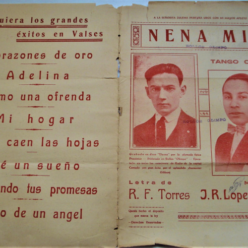 PARTITURA NENA MÍA TANGO CANCIÓN DE ROLLOS OLIMPO PARA PIANOLA MUY ANTIGUOS