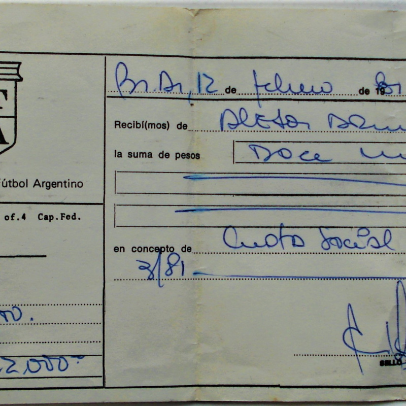 RECIBO OFICIAL 1981 ASOCIACIÓN TÉCNICOS DE FÚTBOL ARGENTINO